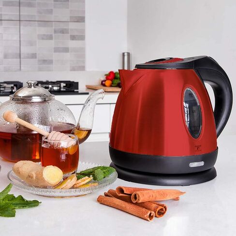 Moss & Stone Red Stainless Steel Electric Kettle, 1.2L Cordless 1500W | Small, portable hot water tea kettle, fast boiling pot, boil-dry protection, auto shut-off, blue Illuminate LED light in Kuwait