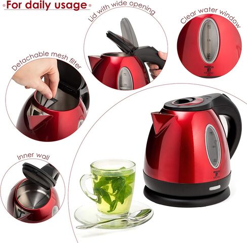 Moss & Stone Red Stainless Steel Electric Kettle, 1.2L Cordless 1500W | Small, portable hot water tea kettle, fast boiling pot, boil-dry protection, auto shut-off, blue Illuminate LED light in Kuwait