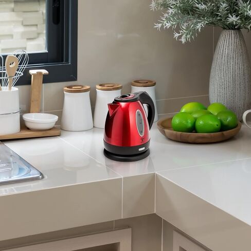 Moss & Stone Red Stainless Steel Electric Kettle, 1.2L Cordless 1500W | Small, portable hot water tea kettle, fast boiling pot, boil-dry protection, auto shut-off, blue Illuminate LED light in Kuwait