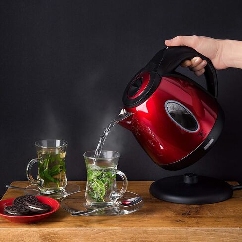 Moss & Stone Red Stainless Steel Electric Kettle, 1.2L Cordless 1500W | Small, portable hot water tea kettle, fast boiling pot, boil-dry protection, auto shut-off, blue Illuminate LED light in Kuwait