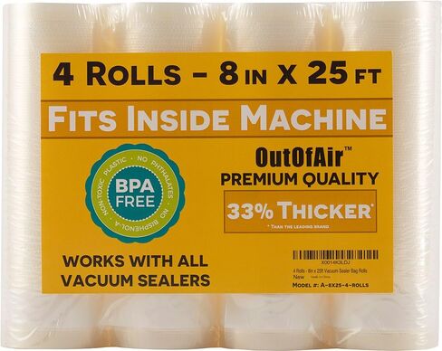 8" x 25' Rolls (Fits Inside Machine) - 4 Pack (100 feet total) OutOfAir Vacuum Sealer Rolls. Works with FoodSaver Vacuum Sealers. 33% Thicker, BPA Free, Sous Vide, Commercial Grade in Saudi Arabia