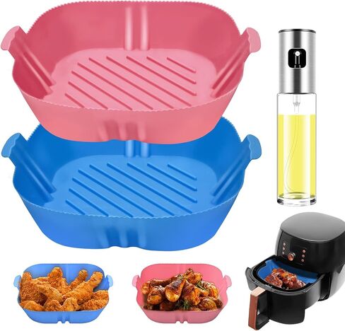 Air Fryer Silicone Liners Square - 8 Inch Reusable Silicone Air Fryer Liners 2 Pack with Oil Sprayer for Cooking Food Safe for 4 to 7 Qt Air Fryer Basket Oven Accessories in Saudi Arabia
