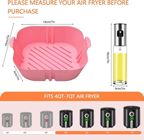 Air Fryer Silicone Liners Square - 8 Inch Reusable Silicone Air Fryer Liners 2 Pack with Oil Sprayer for Cooking Food Safe for 4 to 7 Qt Air Fryer Basket Oven Accessories in Saudi Arabia