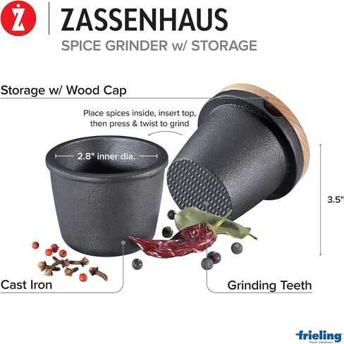 Zassenhaus Cast Iron Spice Grinding Set with Beech Wood Lid, 3" Grinder, Black in Kuwait