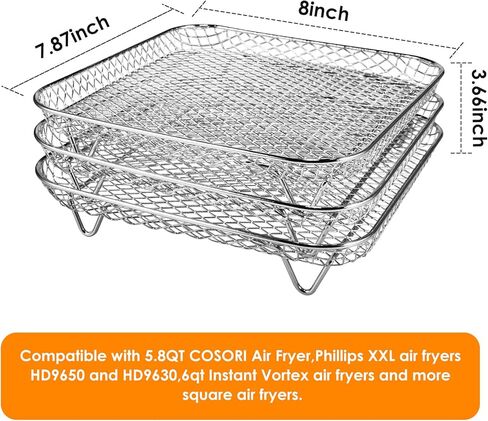 kydely Air Fryer Rack compatible with Instant Vortex,Philips,COSORI Air Fryer,8‘’ Square Three Stackable Racks,Stainless Steel Multi-Layer Dehydrator Rack Fit all 4.2QT-5.8QT Air fryer Accessories in Kuwait