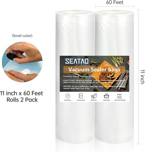 SEATAO Vacuum Sealer Bags，11“ X 60' Rolls 2 Pack for Food Saver, Seal a Meal, Bpa Free,commercial Grade, Great for Vac Storage, Meal Prep or Sous Vide in Kuwait