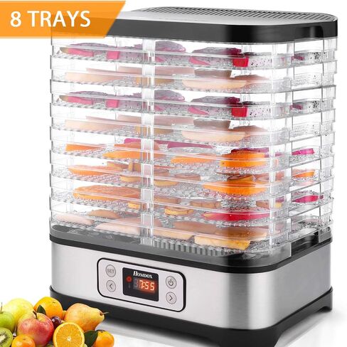 آلة تجفيف الطعام Homdox، مجففات للأغذية والمتشنجة مع ورقة لف الفاكهة + 8 صواني + مؤقت رقمي 400 واط والتحكم في درجة الحرارة (95 درجة فهرنهايت - 158 درجة فهرنهايت)، أحمر خالٍ من مادة BPA (أحدث 2023) in Kuwait