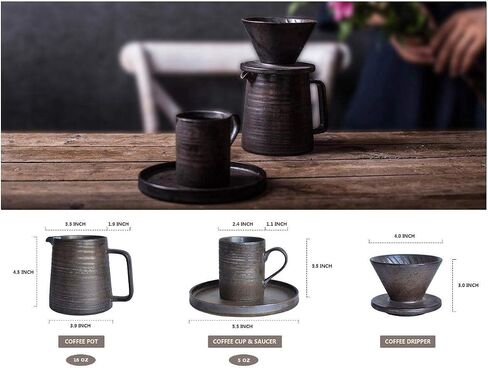 Stoneware Handmade Pour Over Coffee Maker Set, Ceramic Coffee Brewer Hand Drip Cone Dripper & Coffee Pot Microwaveable Decanter, Retro Metallic Glaze, 16oz in Saudi Arabia