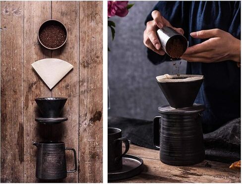 Stoneware Handmade Pour Over Coffee Maker Set, Ceramic Coffee Brewer Hand Drip Cone Dripper & Coffee Pot Microwaveable Decanter, Retro Metallic Glaze, 16oz in Saudi Arabia