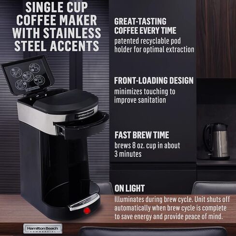 ماكينة صنع القهوة الفاخرة التجارية من سينسيو هاميلتون بيتش، كوب واحد من صانعة القهوة و16 كيس قهوة كلاسيكي مشوي متوسط ​​الحجم، أسود/ستانلس ستيل للضيافة الفردية لمدة 3 دقائق، HDC200S in Kuwait