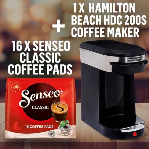 ماكينة صنع القهوة الفاخرة التجارية من سينسيو هاميلتون بيتش، كوب واحد من صانعة القهوة و16 كيس قهوة كلاسيكي مشوي متوسط ​​الحجم، أسود/ستانلس ستيل للضيافة الفردية لمدة 3 دقائق، HDC200S in Kuwait