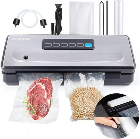 Food Sealer Vacuum Sealer Machine 10-In-1 with Full Starter Kit Built-in Cutter and Bag Storage(Up to 20ft), INKBIRD Moist/Dry/Pulse/Canister/Seal Food Vacuum Sealer Machine with Sealer Bag*5 (8"*11.8") and Bag Roll*1 (11"*118"), Sealing Strip & Foam Gask in Saudi Arabia