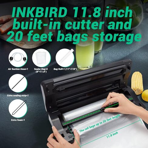 Food Sealer Vacuum Sealer Machine 10-In-1 with Full Starter Kit Built-in Cutter and Bag Storage(Up to 20ft), INKBIRD Moist/Dry/Pulse/Canister/Seal Food Vacuum Sealer Machine with Sealer Bag*5 (8"*11.8") and Bag Roll*1 (11"*118"), Sealing Strip & Foam Gask in Saudi Arabia