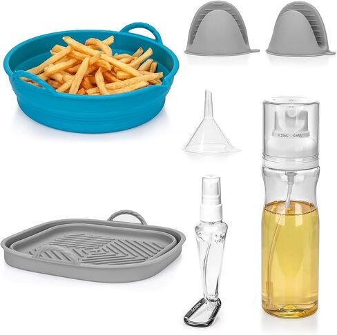 7 PCS Silicone Air Fryer Liner and Accessories Set for Easy and Healthy Cooking - Includes 7.5" & 8.5" Reusable Air Fryer Baskets, Oil Sprayer, and Silicone Gloves - Perfect for Any Air Fryer! in Saudi Arabia