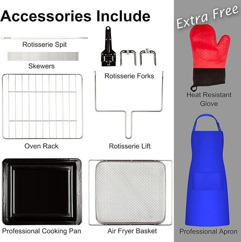 EUROTO [Newest 2021] Stainless Steel Large Capacity 26.8 QT Air Fryer Oven, 24 in 1 Multi-function, 360 Air Circulation Toaster Oven, LCD digital Display, 4 Layer Shelves, Included Oven Gloves & Apron Up to 450°F, 1800W in Saudi Arabia