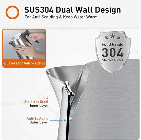 JOYOUNG Double Wall Electric Kettle BPA Free Stainless Steel Electric Tea Kettle & Hot Water Boiler with STRIX for Auto Shut-Off Boil-Dry Protection, 1.5L, Sliver in Kuwait