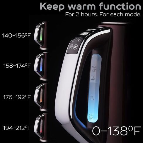 غلاية كهربائية ماكس للتحكم في درجة الحرارة من الفولاذ المقاوم للصدأ غلاية شاي 1.7 لتر، غلاية مياه ساخنة خالية من مادة BPA لاسلكية مع ضوء LED، إيقاف تلقائي، حماية من الغليان الجاف، الحفاظ على الدفء، غليان سريع 1500 واط، إبريق شاي، غلاية شاي، MX-EK01S02 in Kuwait