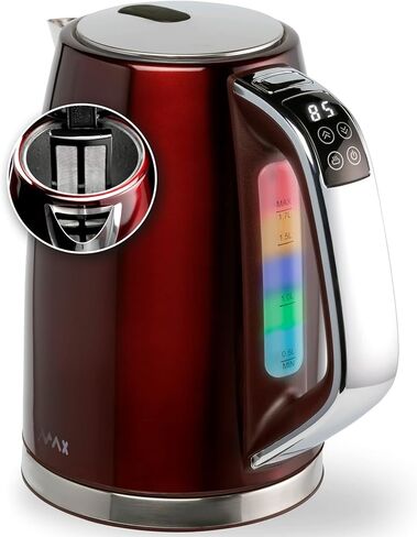 غلاية كهربائية ماكس للتحكم في درجة الحرارة من الفولاذ المقاوم للصدأ غلاية شاي 1.7 لتر، غلاية مياه ساخنة خالية من مادة BPA لاسلكية مع ضوء LED، إيقاف تلقائي، حماية من الغليان الجاف، الحفاظ على الدفء، غليان سريع 1500 واط، إبريق شاي، غلاية شاي، MX-EK01S02 in Kuwait
