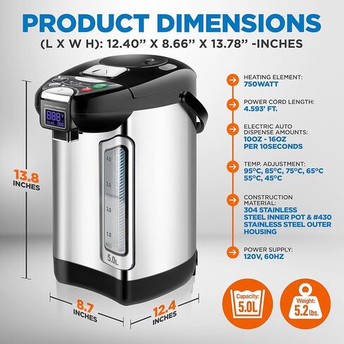 NutriChef Digital Water Boiler and Warmer - 5L/5.28 Qt Stainless Electric Hot Water Dispenser w/LCD Display, Rotating Base, Keep Warm, Auto Shut Off, Safety Lock, Instant Heating for Coffee & Tea in Kuwait