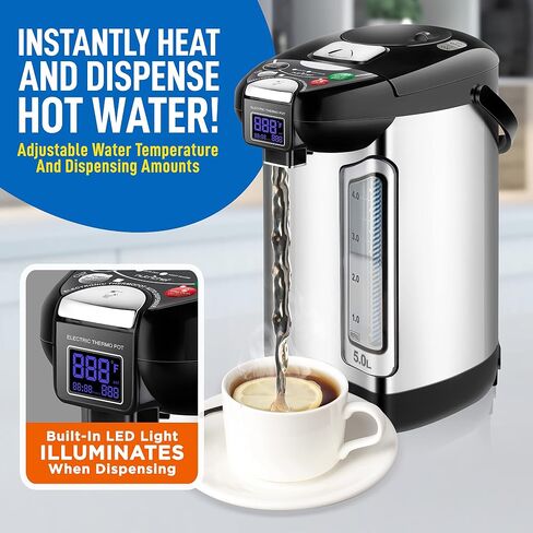 NutriChef Digital Water Boiler and Warmer - 5L/5.28 Qt Stainless Electric Hot Water Dispenser w/LCD Display, Rotating Base, Keep Warm, Auto Shut Off, Safety Lock, Instant Heating for Coffee & Tea in Kuwait