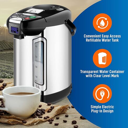 NutriChef Digital Water Boiler and Warmer - 5L/5.28 Qt Stainless Electric Hot Water Dispenser w/LCD Display, Rotating Base, Keep Warm, Auto Shut Off, Safety Lock, Instant Heating for Coffee & Tea in Kuwait