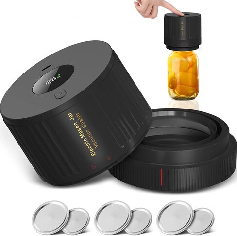 Mason Jars Electric Vacuum Sealer Kit for Food Vacuum Saver,Attikbiz All-in-One Mason Jars Sealer with Led Screen,Wide Regular Mouth Mason Jars Sealer Includs 6 Jar Lids - Black in Saudi Arabia