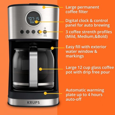 ماكينة صنع القهوة بالتنقيط من الفولاذ المقاوم للصدأ Krups Essential Brew، سعة 12 كوب، 99 واط، تحكم رقمي، فلتر قهوة، خالٍ من التنقيط، وعاء حراري آمن للاستخدام في غسالة الأطباق باللون الأسود in Kuwait