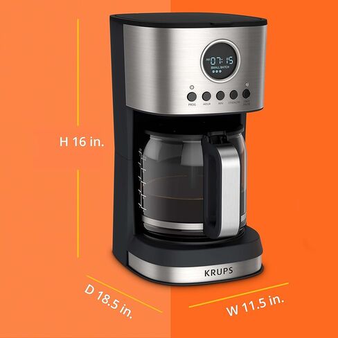ماكينة صنع القهوة بالتنقيط من الفولاذ المقاوم للصدأ Krups Essential Brew، سعة 12 كوب، 99 واط، تحكم رقمي، فلتر قهوة، خالٍ من التنقيط، وعاء حراري آمن للاستخدام في غسالة الأطباق باللون الأسود in Kuwait