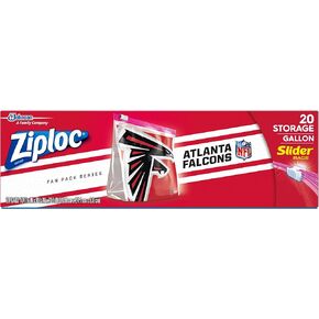Ziploc Slider Storage Gallon Bag, Great for Grab-and-go Snacking, Tailgating or homegating, 20 Count- NFL Atlanta Falcons