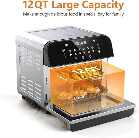 فرن مقلاة هوائية، فرن حراري مقلاة هوائية 12 كيو تي 12 في 1، مشواة، تحميص، خبز، تجفيف، 12 إعدادًا مسبقًا للطهي، شاشة لمس رقمية، ستانلس ستيل، مع ملحقات ووصفات in Kuwait