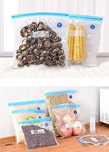 30 عبوة من أكياس سحاب مانعة للتسرب خالية من مادة BPA مع صمام هواء مزدوج الطبقة للطهي بالفراغ وقابلة لإعادة الاستخدام من البلاستيك حقيبة تجميد الساندويتش لتخزين الطعام والمطبخ 6.5 * 9 بوصة هدية مجانية 2 مشبك مانع للتسرب (صغير_أزرق) in Kuwait
