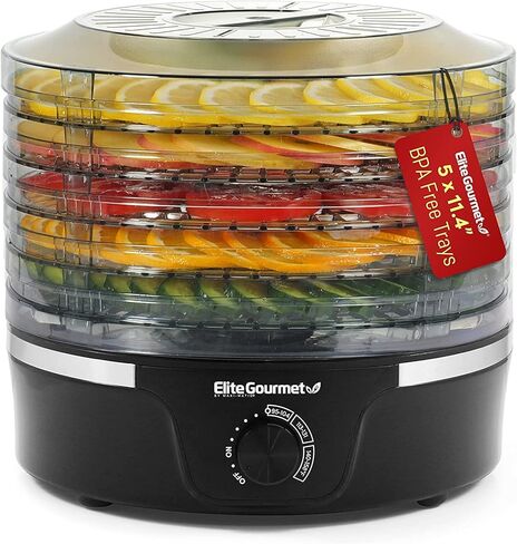 Elite Gourmet EFD319 Food Dehydrator, 5 BPA-Free 11.4" Trays Adjustable Temperature Controls, Jerky, Herbs, Fruit, Veggies, Dried Snacks, Black in Saudi Arabia