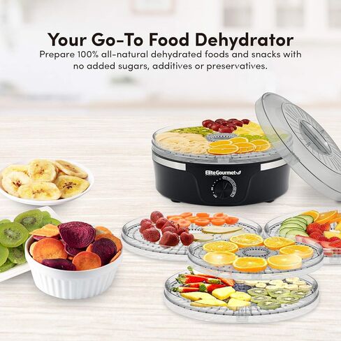Elite Gourmet EFD319 Food Dehydrator, 5 BPA-Free 11.4" Trays Adjustable Temperature Controls, Jerky, Herbs, Fruit, Veggies, Dried Snacks, Black in Saudi Arabia