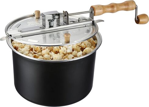 Stovetop Popcorn Maker – 6.5-Quart Popper Pan with Wooden Crank Handle and Internal Kernel Stirrer by Great Northern Popcorn (Black) in Kuwait