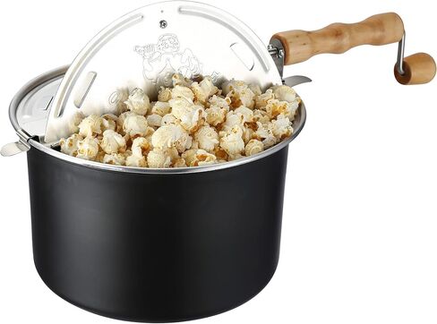 Stovetop Popcorn Maker – 6.5-Quart Popper Pan with Wooden Crank Handle and Internal Kernel Stirrer by Great Northern Popcorn (Black) in Kuwait
