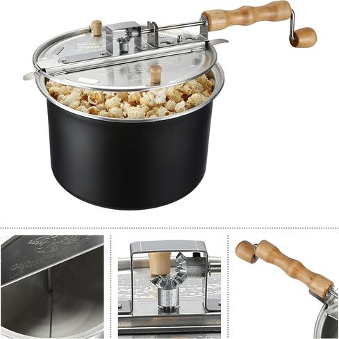 Stovetop Popcorn Maker – 6.5-Quart Popper Pan with Wooden Crank Handle and Internal Kernel Stirrer by Great Northern Popcorn (Black) in Kuwait