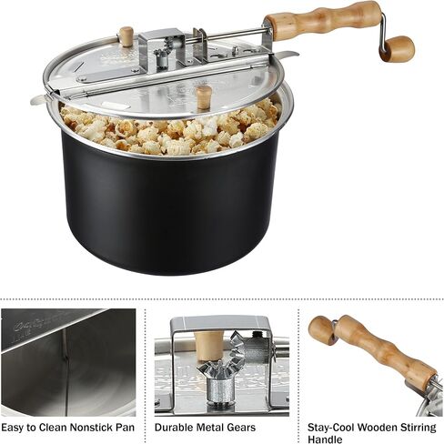 Stovetop Popcorn Maker – 6.5-Quart Popper Pan with Wooden Crank Handle and Internal Kernel Stirrer by Great Northern Popcorn (Black) in Kuwait