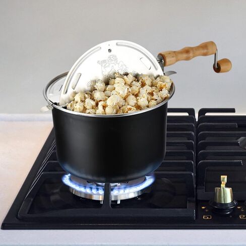 Stovetop Popcorn Maker – 6.5-Quart Popper Pan with Wooden Crank Handle and Internal Kernel Stirrer by Great Northern Popcorn (Black) in Kuwait