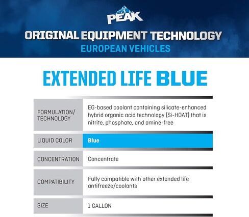 PEAK OET Extended Life Blue 50/50 مضاد التجمد/المبرد المخفف مسبقًا للمركبات الأوروبية، 1 جالون. in Saudi Arabia