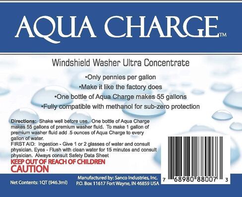 Aqua Charge Windshield Washer Ultra Concentrate, 1 Bottle Makes 55 gallons of Finished Summer Product, Simply Add Methanol for a Winter Blend Down to -20F in Saudi Arabia