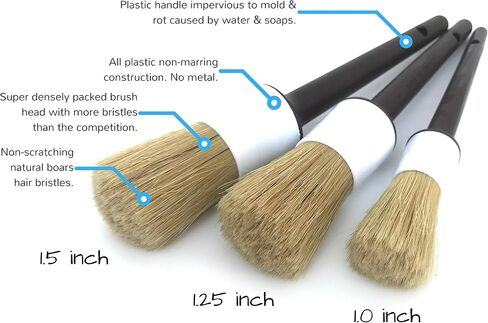 Detail Dudes Boars Hair Ultra Soft Car Detail Brushes - Set of 3 - Perfect for Washing Emblems Wheels Interior Upholstery Air Vents, NO Metal Brush Parts in Saudi Arabia