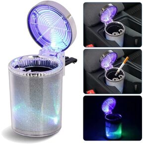 Bosaidong Car Ashtray, Auto Ashtray With LED Light, Mini Car Trash Can, Portable Ashtray with Lid Suitable for Most Vehicles, Silver in Kuwait