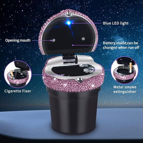 eing Car Ashtray Portable Bling Cigarette Smokeless Cylinder Cup Holder with Blue LED Light Indicator,Car Accessories for Women,Ideal for Car,Home and Office,1 - Pack Black+White in Kuwait