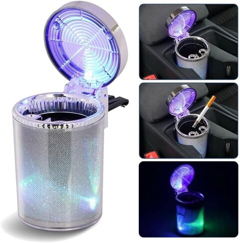 Bosaidong Car Ashtray, Auto Ashtray With LED Light, Mini Car Trash Can, Portable Ashtray with Lid Suitable for Most Vehicles, Silver in Saudi Arabia