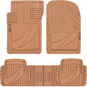 Motor Trend FlexTough Advanced Beige Rubber Car Floor Mats – 3 Piece Trim to Fit Floor Mats for Cars Truck SUV, All Weather Automotive Liners with Traction Grips and Multiple Trim Lines