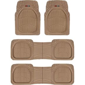 Motor Trend Original FlexTough Beige Rubber Car Floor Mats for 3 Row Vehicles, Front & Rear 2nd Row Deep Dish All Weather Automotive Heavy Duty Trim to Fit, Automotive Liners for Cars Truck Van SUV