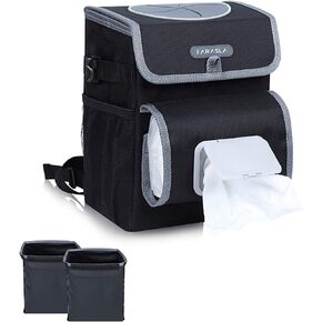 Farasla All-in-One Car Trash Can, Garbage Bag for Car with Removable Leakproof Interior Liner, Adjustable Tissue Holder & Straps(Black)