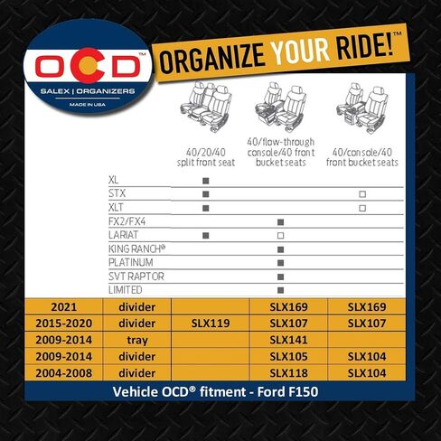 Vehicle OCD - Under Center Bench Seat Organizer for Ford F150 (2015-2020), F250 / F350 SuperDuty (2017-2021) (40/20/40 Split Bench seat ONLY) - Made in USA in Saudi Arabia