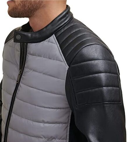DKNY Men's Mixed Media Faux Leather Puffer Motocros Racer Jacket in Kuwait