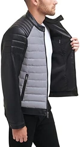 DKNY Men's Mixed Media Faux Leather Puffer Motocros Racer Jacket in Kuwait